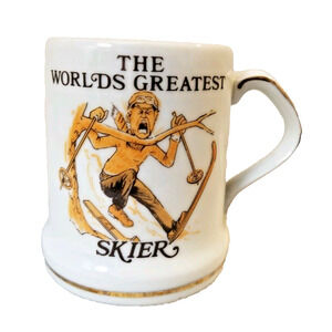 Vintage Worlds Greatest Skier Coffee MUG Shafford Funny Gold Trim Broken Bones
